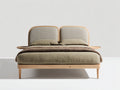 Cama doble de madera 200x160x105 cm - Madera natural y beige - Cabecero tapizado doble con superficies laterales integradas
