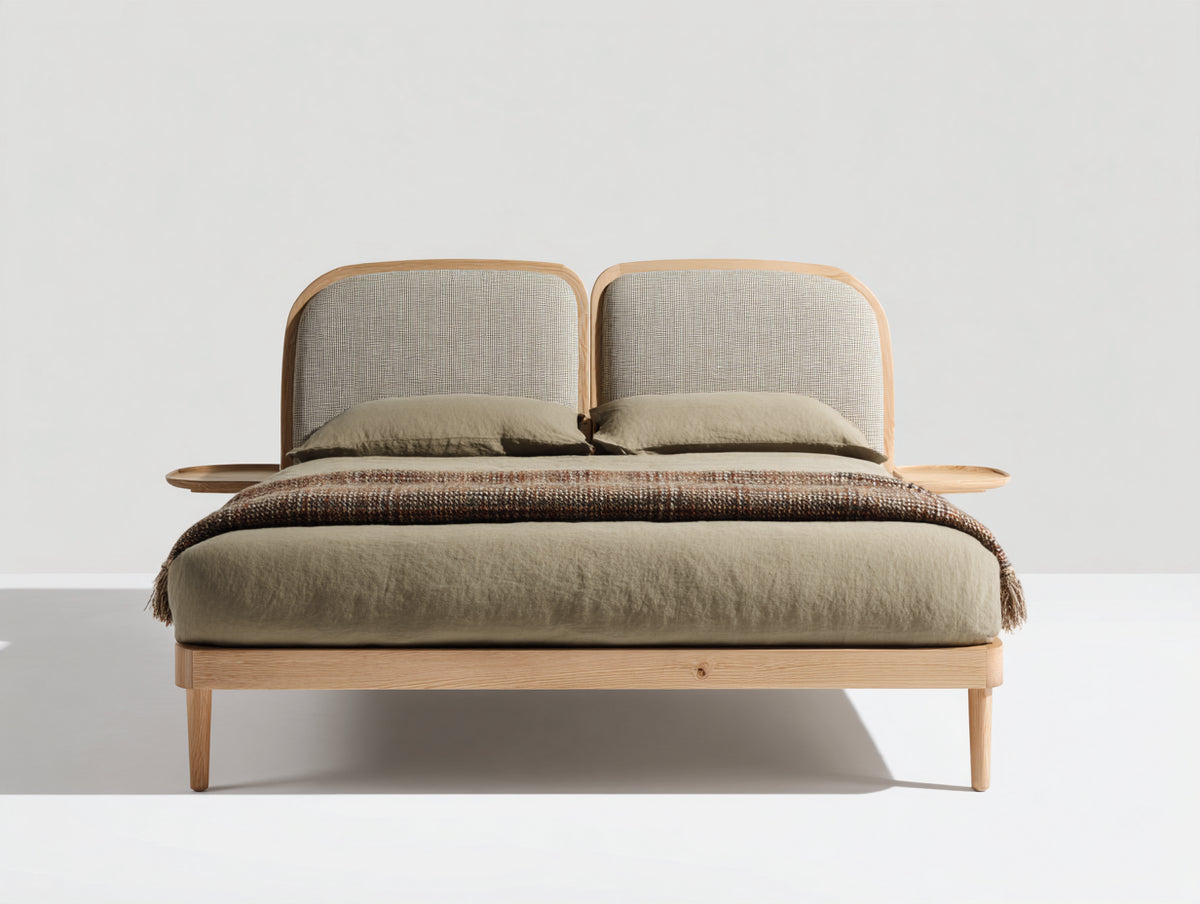 Cama doble de madera 200x160x105 cm - Madera natural y beige - Cabecero tapizado doble con superficies laterales integradas