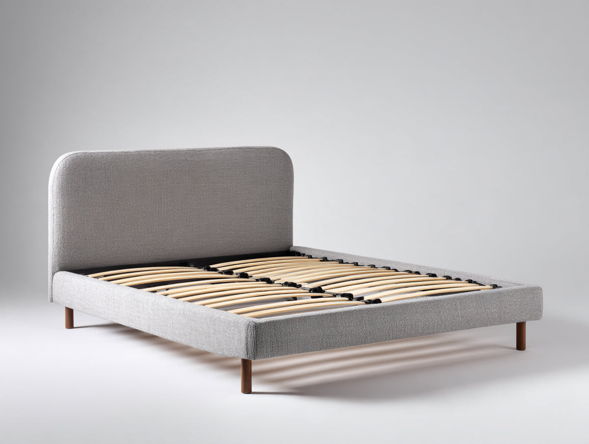 Cama doble tapizada en tejido 215 x 170 x 120 cm - gris claro y natural - diseño moderno con cabecero acolchado y somier de láminas