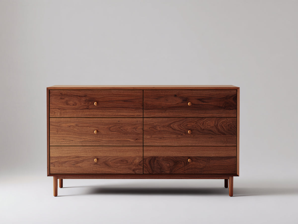 Cómoda de madera 140x45x85 cm - Marrón nogal y dorado - 6 cajones con diseño contemporáneo