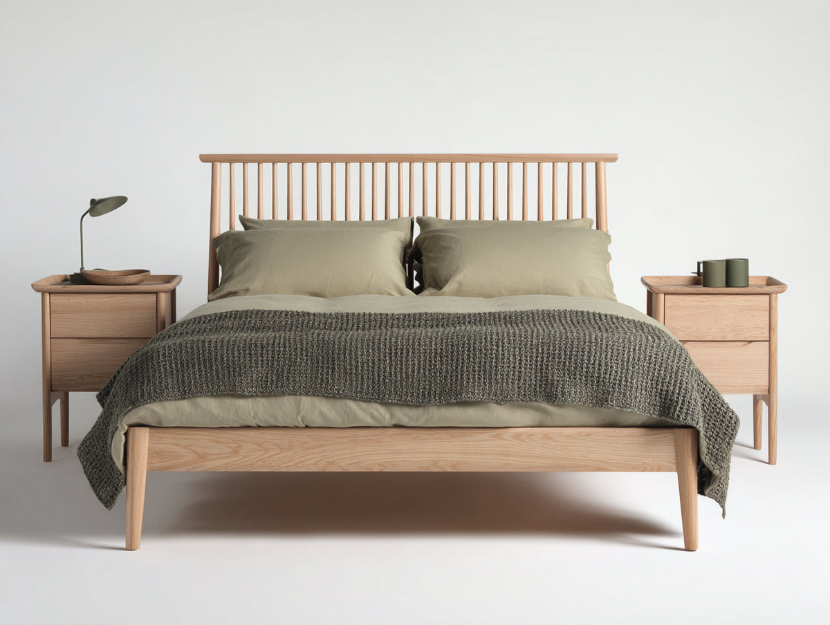 Cama doble de madera 210 x 170 x 110 cm - marrón natural - cabecero de barrotes y diseño nórdico