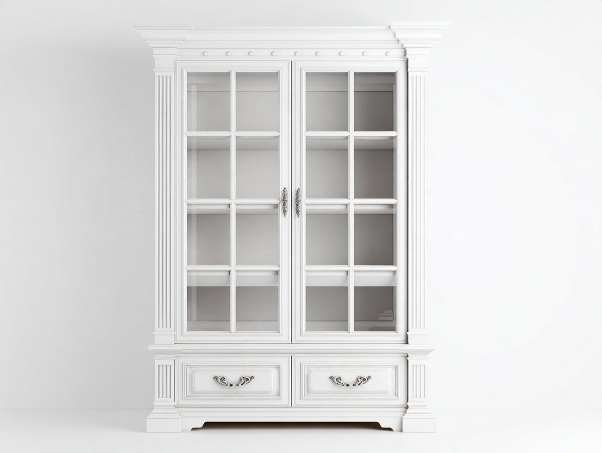 Vitrina de madera y vidrio 120x45x200 cm - Blanco transparente y plateado - 2 puertas acristaladas con 2 cajones y diseño clásico
