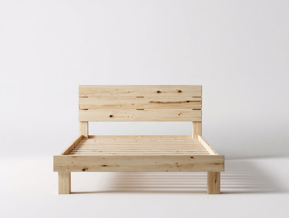 Cama doble de madera 210x170x105 cm - madera natural - cabecero de tablas y somier de láminas - diseño rústico para dormitorio