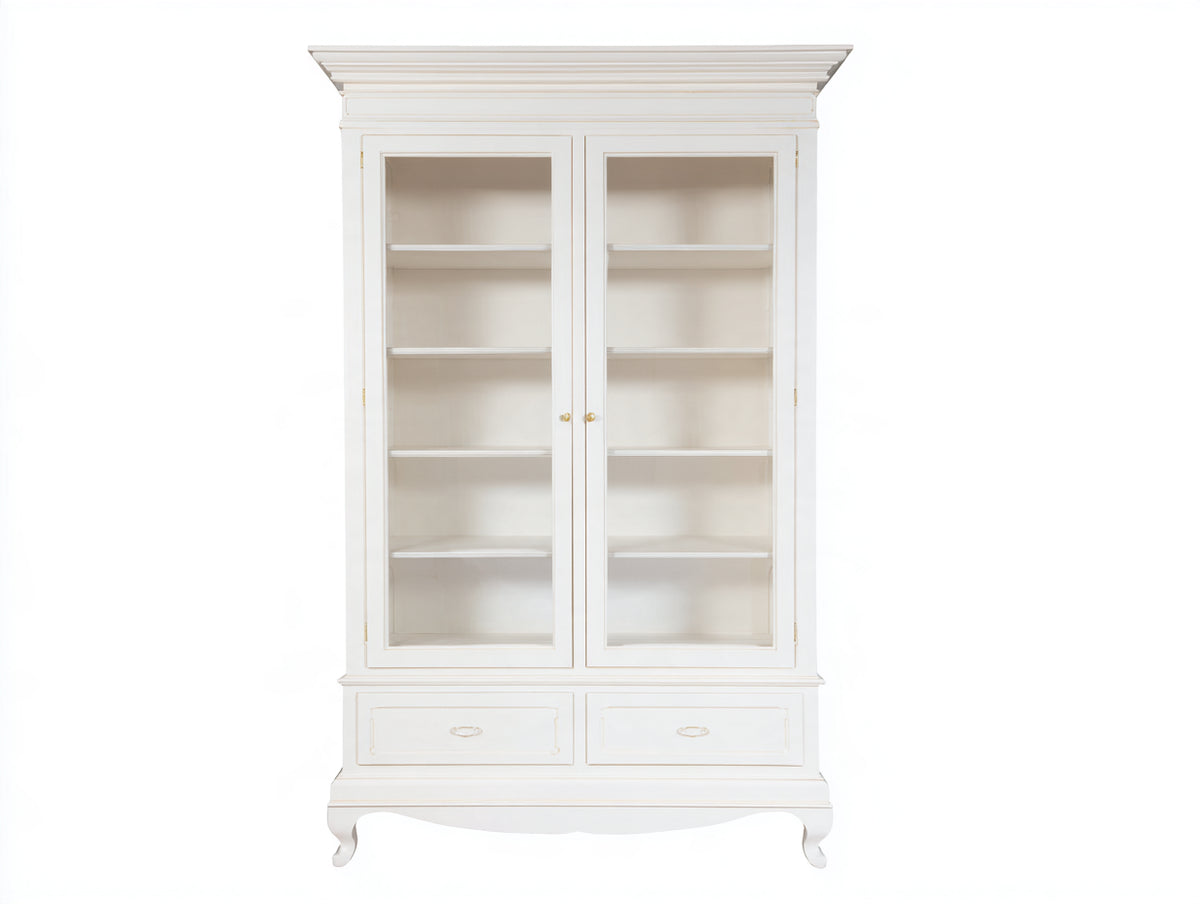 Vitrina de madera 110 x 45 x 200 cm - blanco y transparente - 2 puertas acristaladas y 2 cajones con diseño clásico