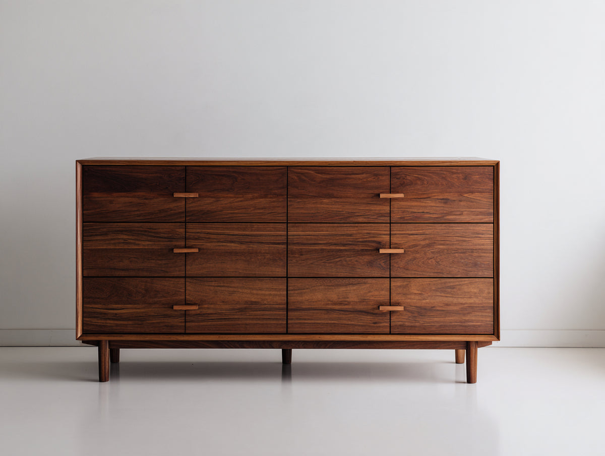 Cómoda de madera 160x45x85 cm - marrón oscuro - 6 cajones amplios y estructura elevada - diseño moderno para dormitorio y salón