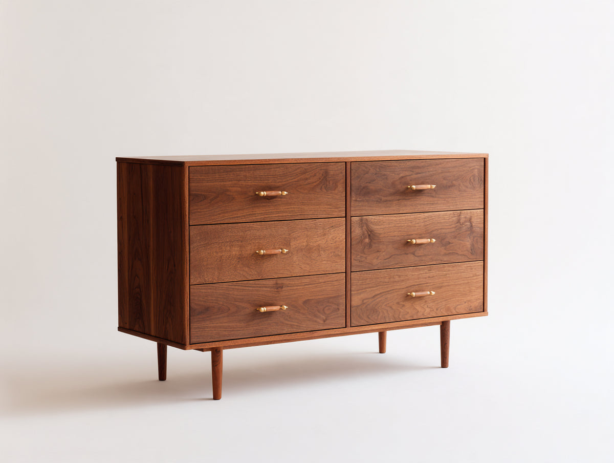 Cómoda de madera 120 x 45 x 85 cm - marrón nogal - diseño moderno con seis cajones y patas elevadas