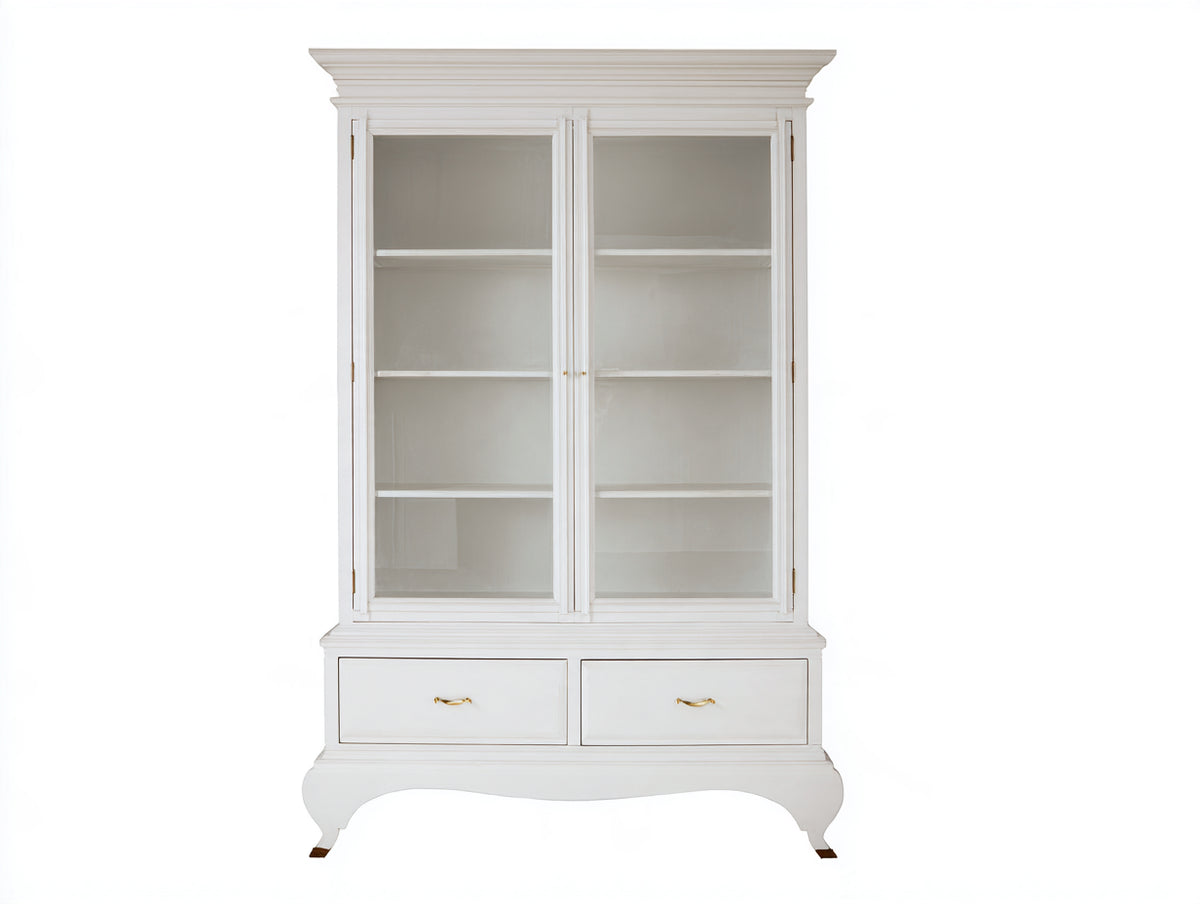 Vitrina de madera 115 x 48 x 200 cm - blanco - diseño clásico con dos puertas de cristal y dos cajones