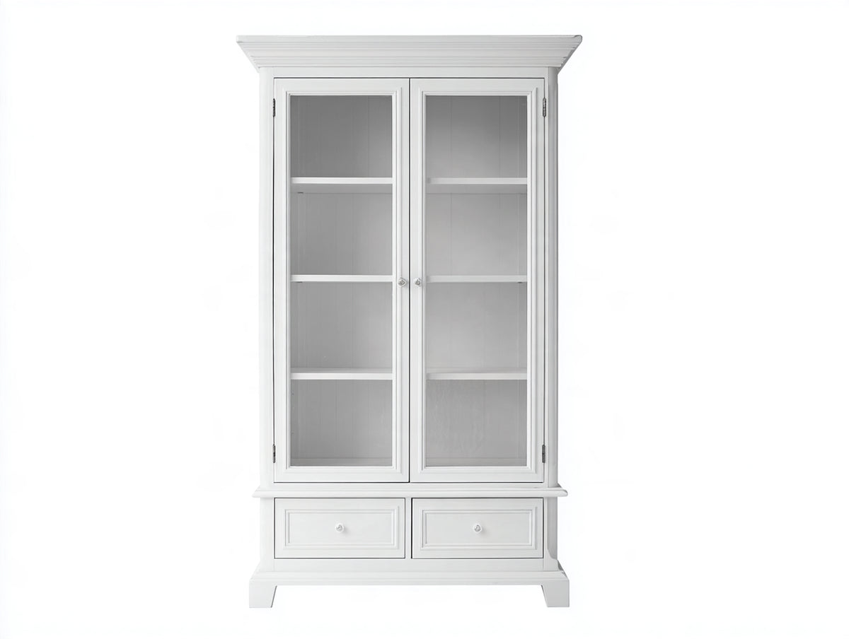 Vitrina de madera y vidrio 100 x 45 x 190 cm - Blanco - 2 puertas acristaladas 2 cajones y estantes interiores