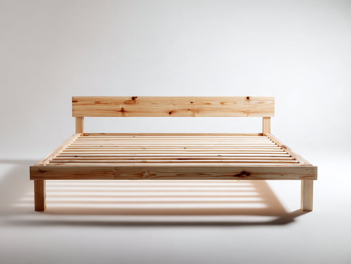 Cama doble de madera 210x170x90 cm - madera natural - cabecero horizontal y somier de láminas - diseño minimalista para dormitorio