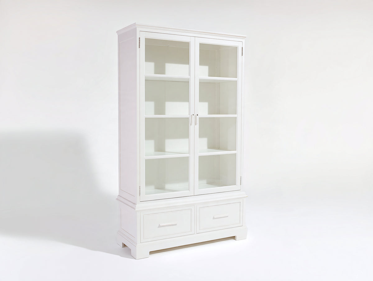 Vitrina de madera y vidrio 105 x 45 x 195 cm - Blanco - 2 puertas acristaladas 2 cajones y estantes interiores