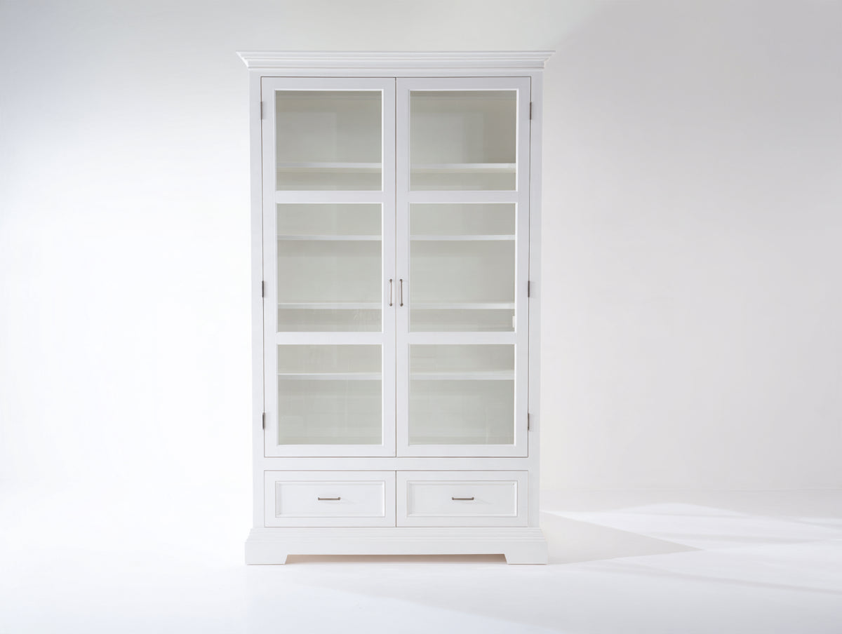 Vitrina de madera y vidrio 110x45x195 cm - Blanco transparente y dorado envejecido - 2 puertas acristaladas con 2 cajones